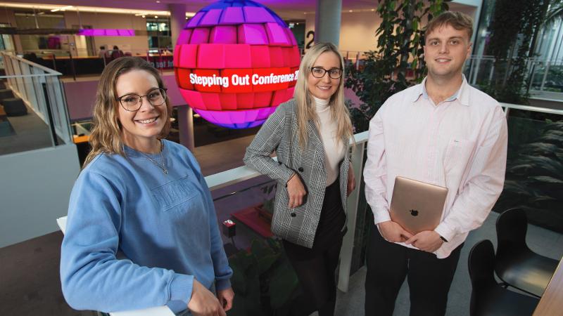 Fourth year QUT Bachelor of Education students l/r - Morgan Holmes, Nara Gannon and Cory Jago. Photo: Anthony Weate